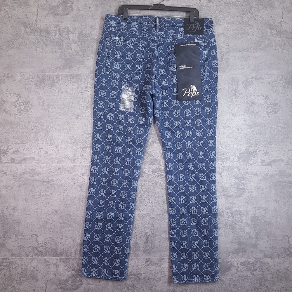 PRPS Demon Slim Straight Monogram Jeans Mens 36x34 Indigo Blue E107P213P - Picture 2 of 8